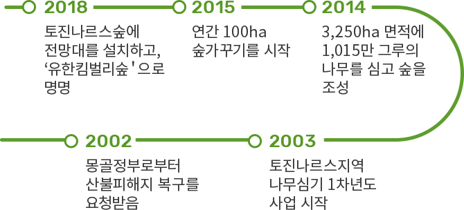 2002 몽골정부로부터 산불피해자 복구를 요청받음 → 2003 토진나르스지역 나무심기 1차년도 사업 시작 → 2014 3,250ha 면적에 1,015만 그루의 나무를 심고 숲을 조성 → 2015 연간 100ha 숲가꾸기를 시작 → 2018 토진나르스숲에 전망대를 설치하고, '유한킴벌리숲'으로 명명