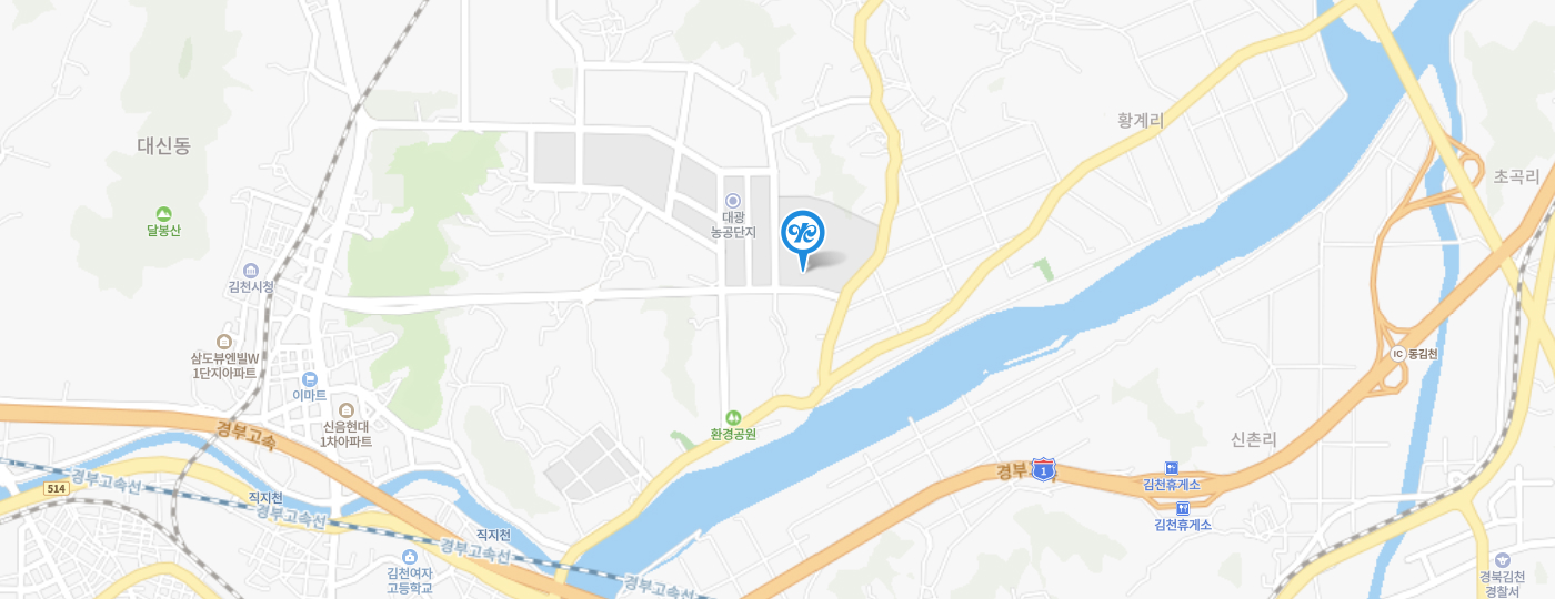 김천공장 지도 : 김천 버스터미널에서 38-1번 버스 승차 후 대홍아파트 정류장에서 하차, 약 500미터 도보