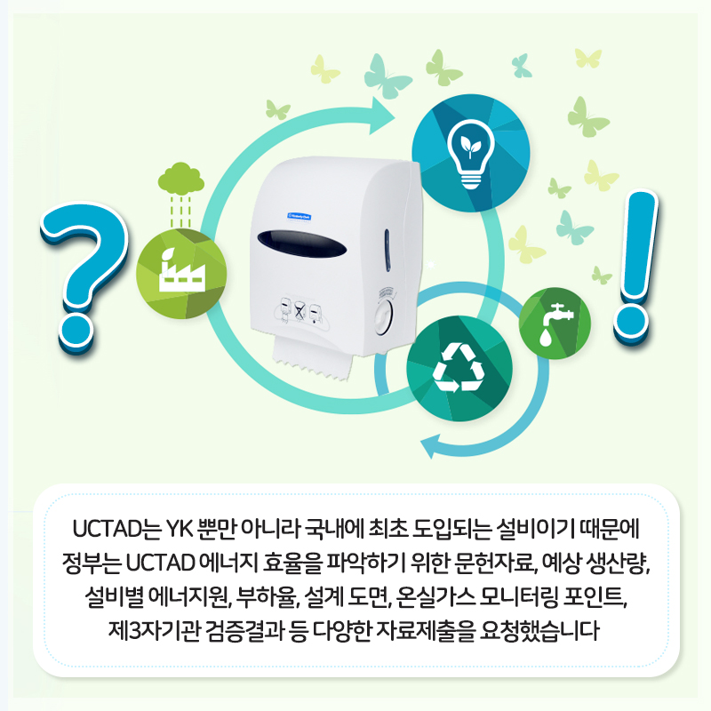 UCTAD는 YK 뿐만 아니라 국내에 최초 도입되는 설비기 때문에 정부는 UCTAD 에너지 효율을 파악하기 위한 문헌자료, 예상 생산량, 설비별 에너지원, 부하율, 설계 도면, 온실가스 모니터링 포인트, 제3자기관 검증결과 등 다양한 자료제출을 요청했습니다.